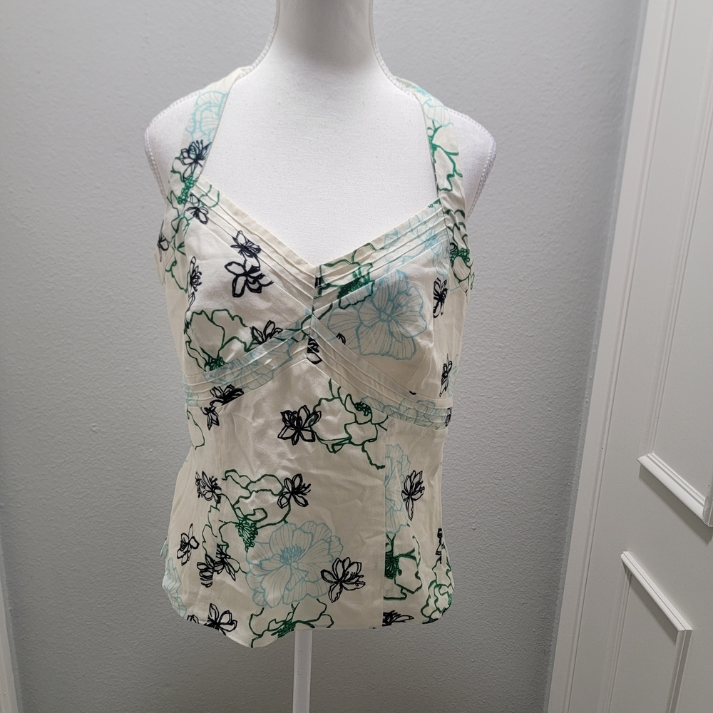 Ann Taylor Cream Floral Halter Camisole with Green & Black Accents